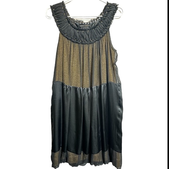 BCBGMAXAZRIA Dress Women’s Size 2 Silk studs Halter Mini Black lined Golden - Picture 1 of 16